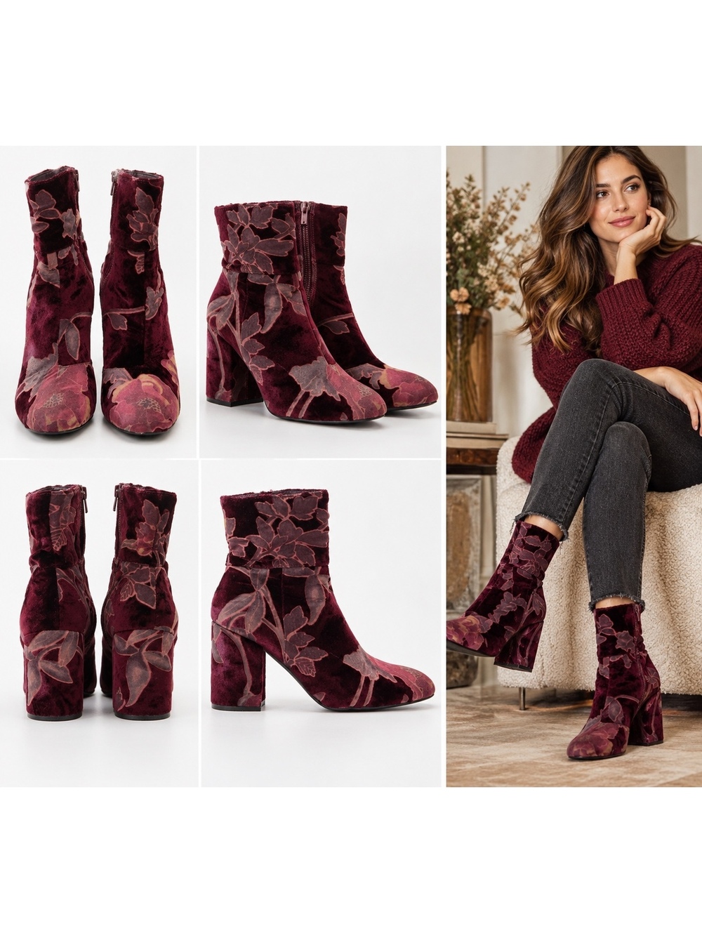 Steve Madden Burgundy Floral Burnout Velvet Booties US 9 Boho Romance